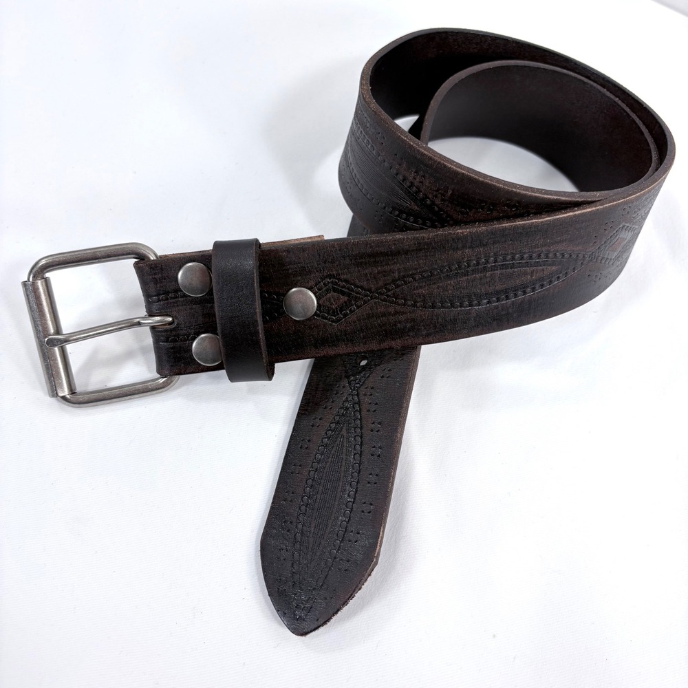 Beltiscool Belt Dark Brown Distressed Full Grain Leather Embossed Tooled 32 Mens